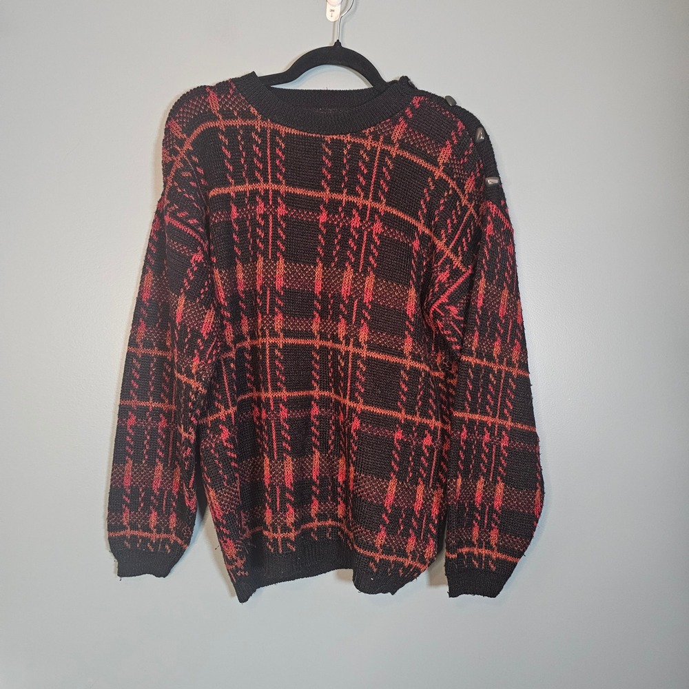 Vintage Garland Plaid Sweater Black Red‎ Orange Button Shoulder Knit Women M